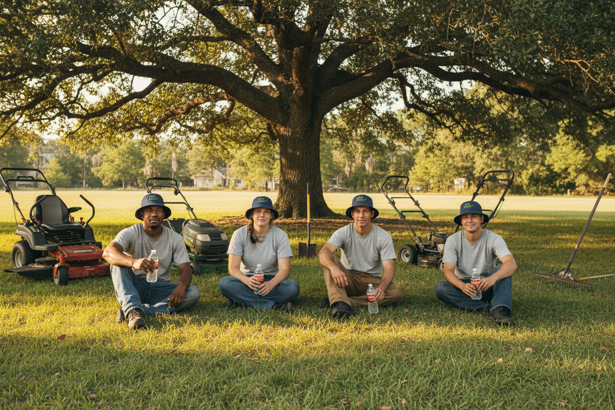 Crew Under Tree with Water