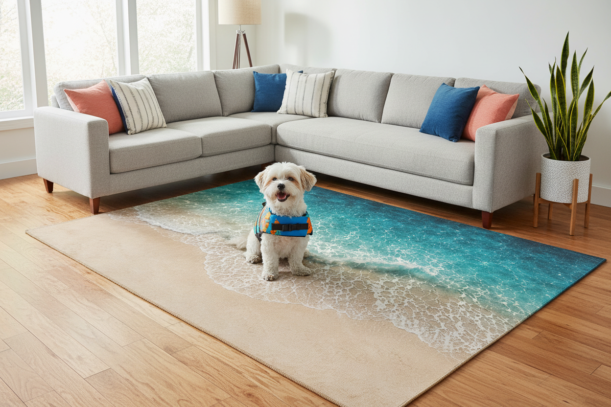 Tabitha Smiling in Living Room with Coastal Rug